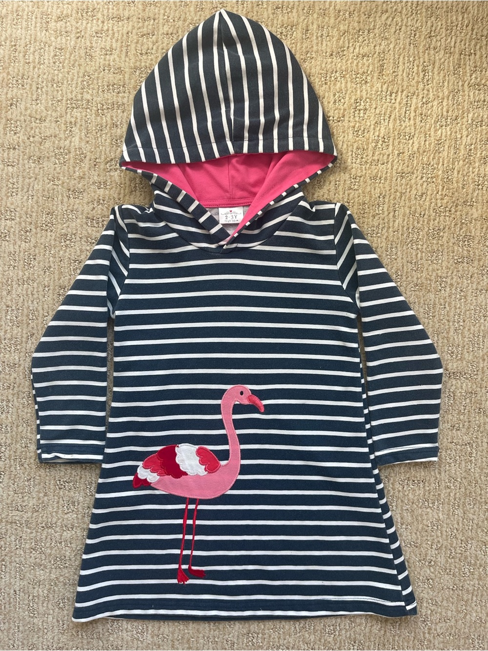 Girls Navy Stripe Hooded Dress with Pink Flamingo